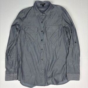 Express Women’s XS Shirt Striped Gray White Button Up Roll Tab Sleeve Career
